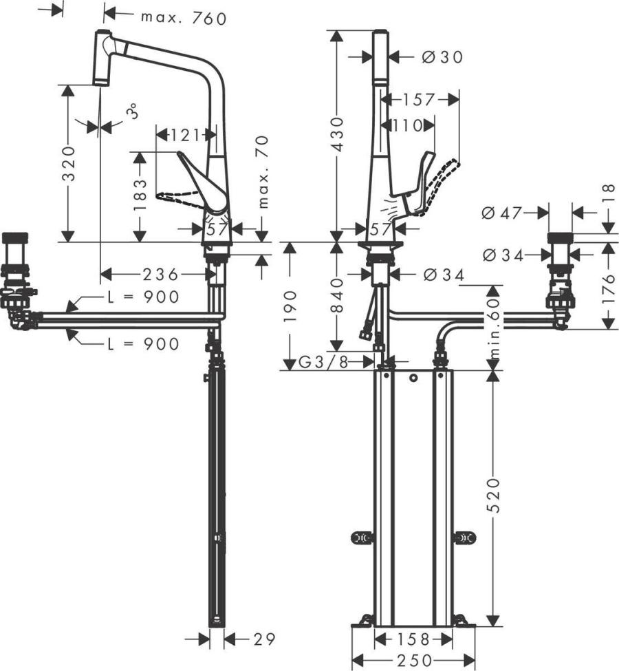 Hansgrohe Metris Select M71 Кухонные смеситель на 2 отверстия, однорычажный, 320, с вытяжным душем, 2jet, sBox Под Сталь, 73806800 - Изображение 4