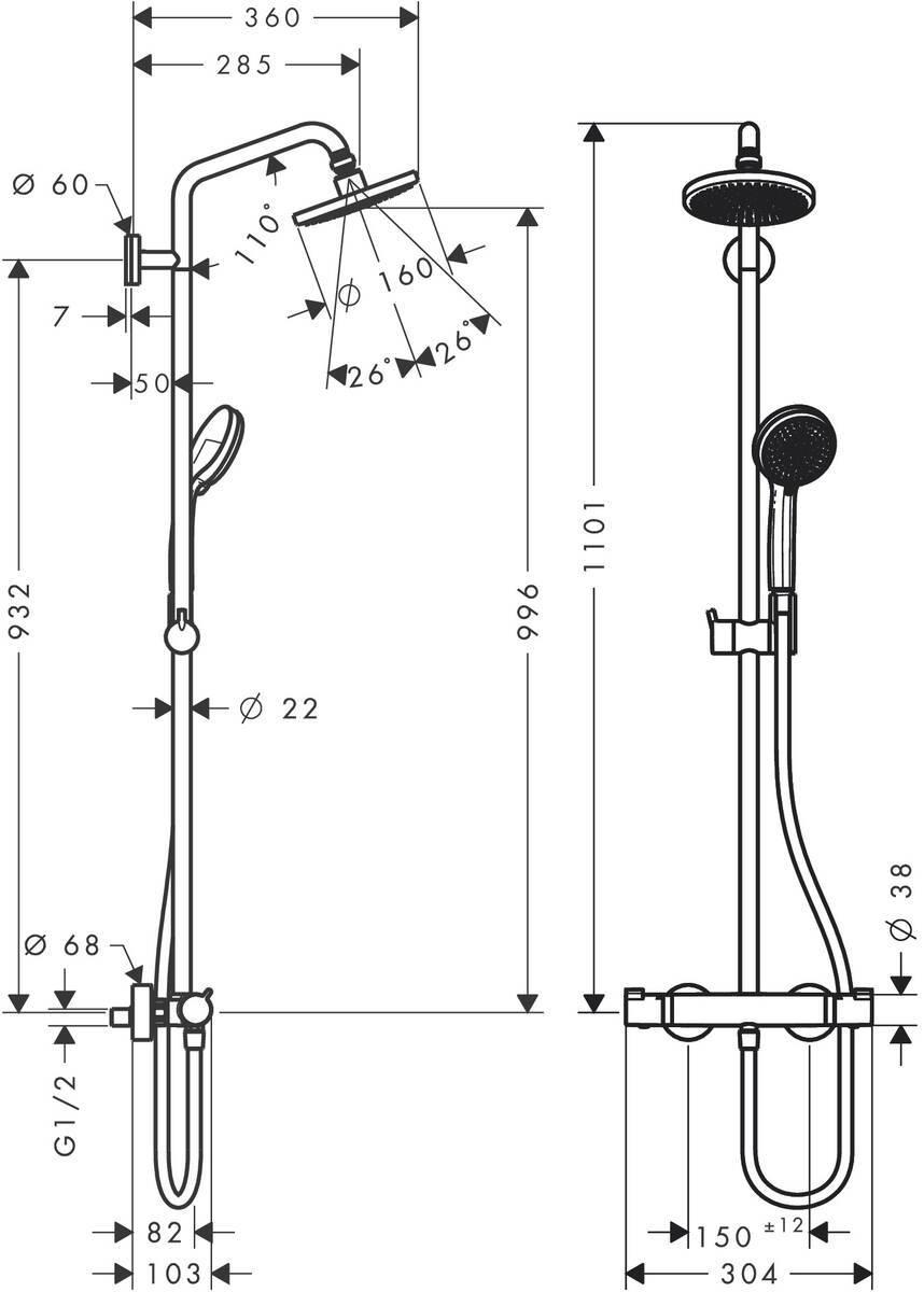 Hansgrohe Croma Showerpipe 160 душевая система Хром, 27135000 - Изображение 9