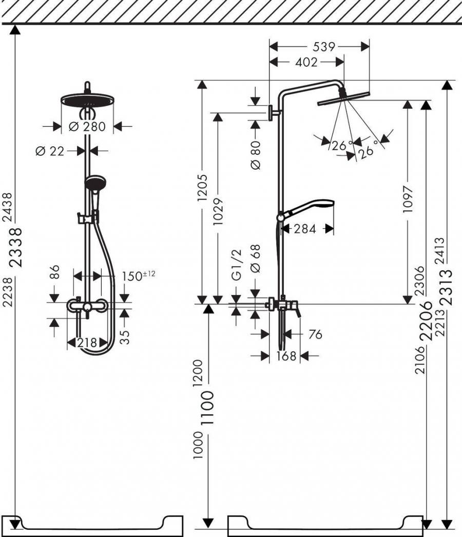 Hansgrohe Croma Select S Showerpipe 280 1jet Душевой набор с однорычажным смесителем Хром, 26791000 - Изображение 7