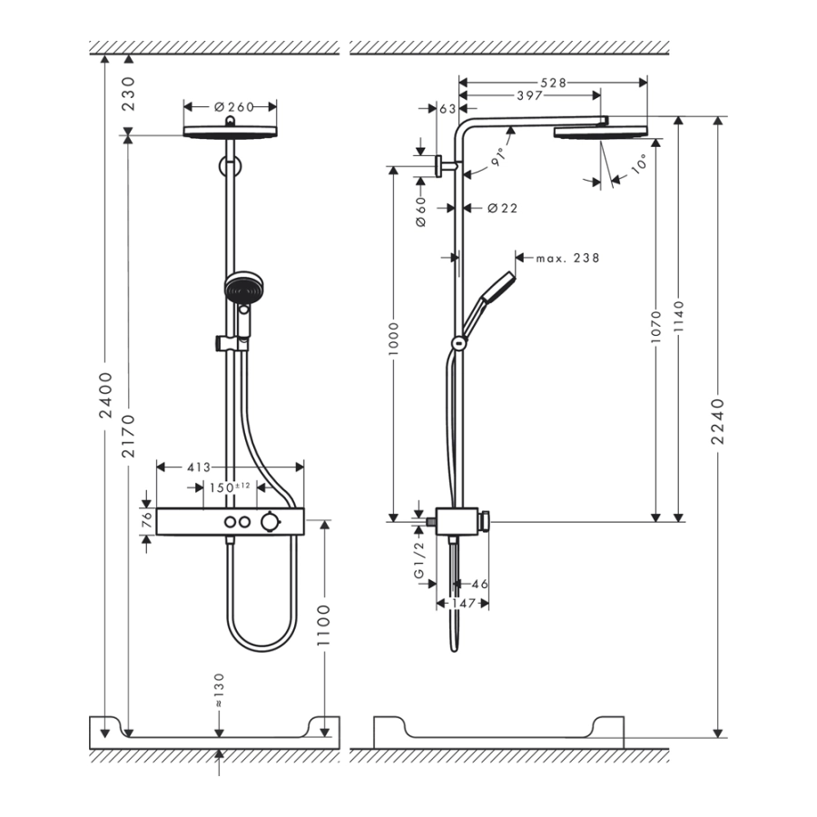 Hansgrohe Pulsify S Showerpipe Душевая система 260 1jet с термостатом  ShowerTablet Select 400 хром 24220000