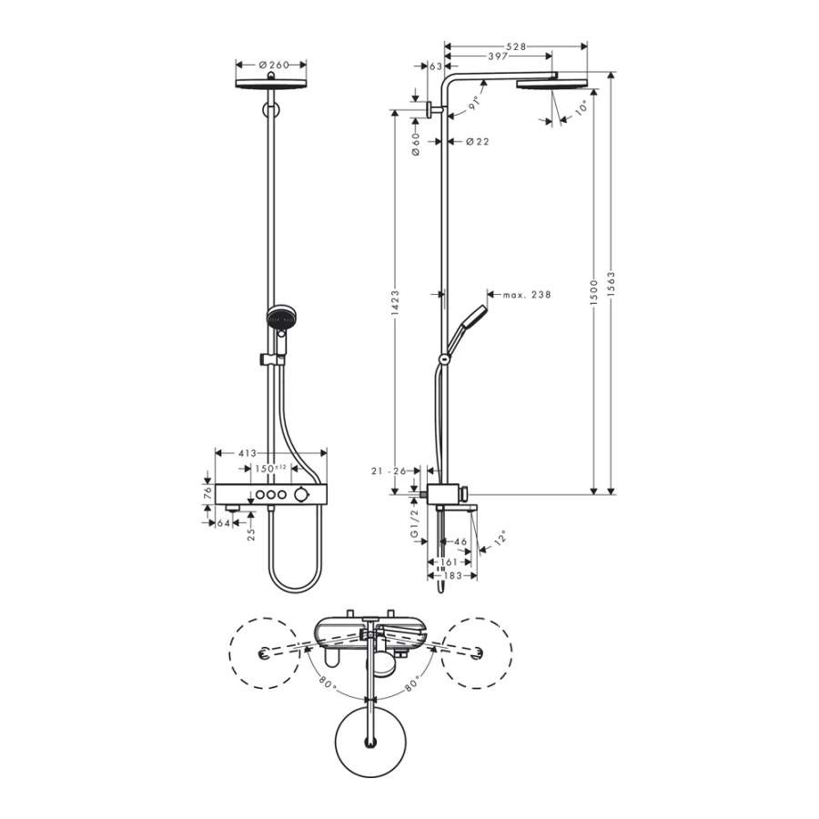 Hansgrohe Pulsify S Showerpipe Душевая система 260 1jet с термостатом для  ванны ShowerTablet 400 хром 24230000