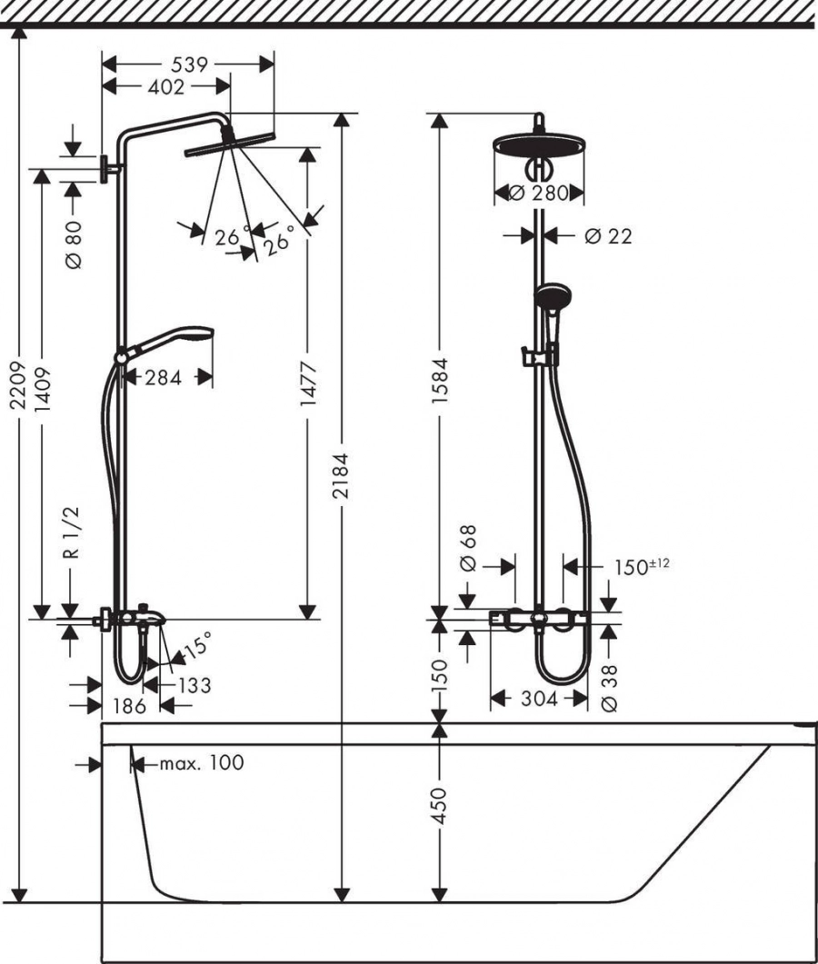 На каком высоте делать душевую. 26792000 Hansgrohe. Душевая стойка Hansgrohe Croma select 280 Air 1jet Showerpipe с термостатом. Hansgrohe Croma select 280 1 Jet. Hansgrohe Croma 26792000.