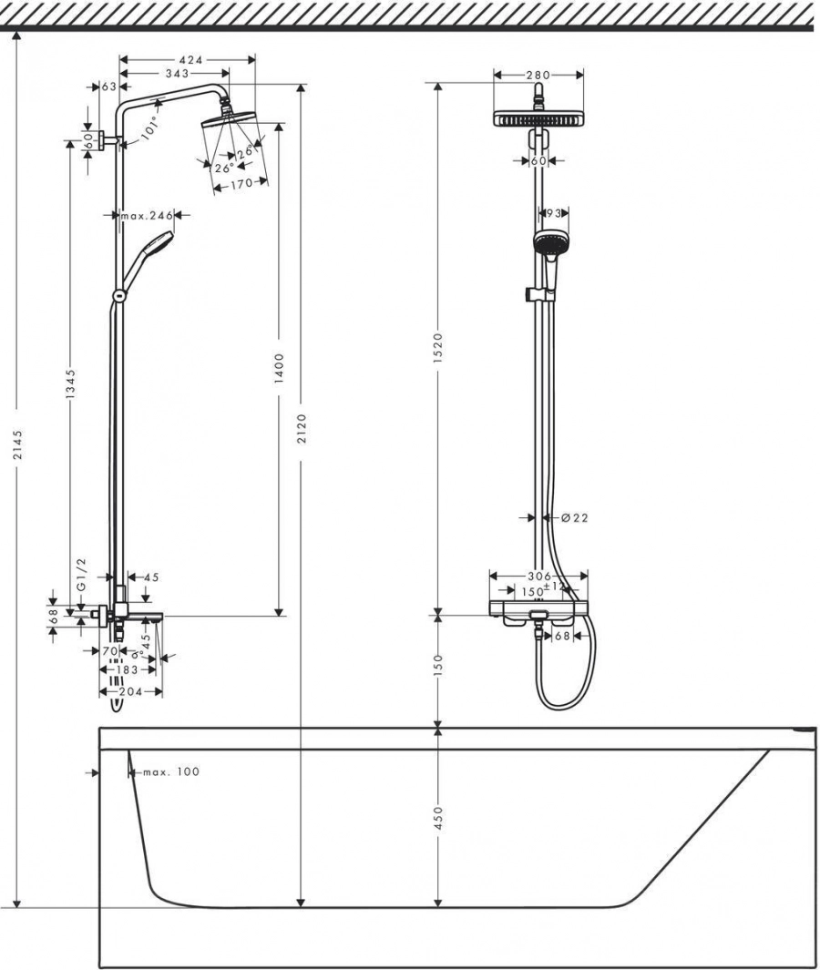 Hansgrohe Croma E Showerpipe 280 1jet Душевой набор с термостатом для ванны  хром 27687000