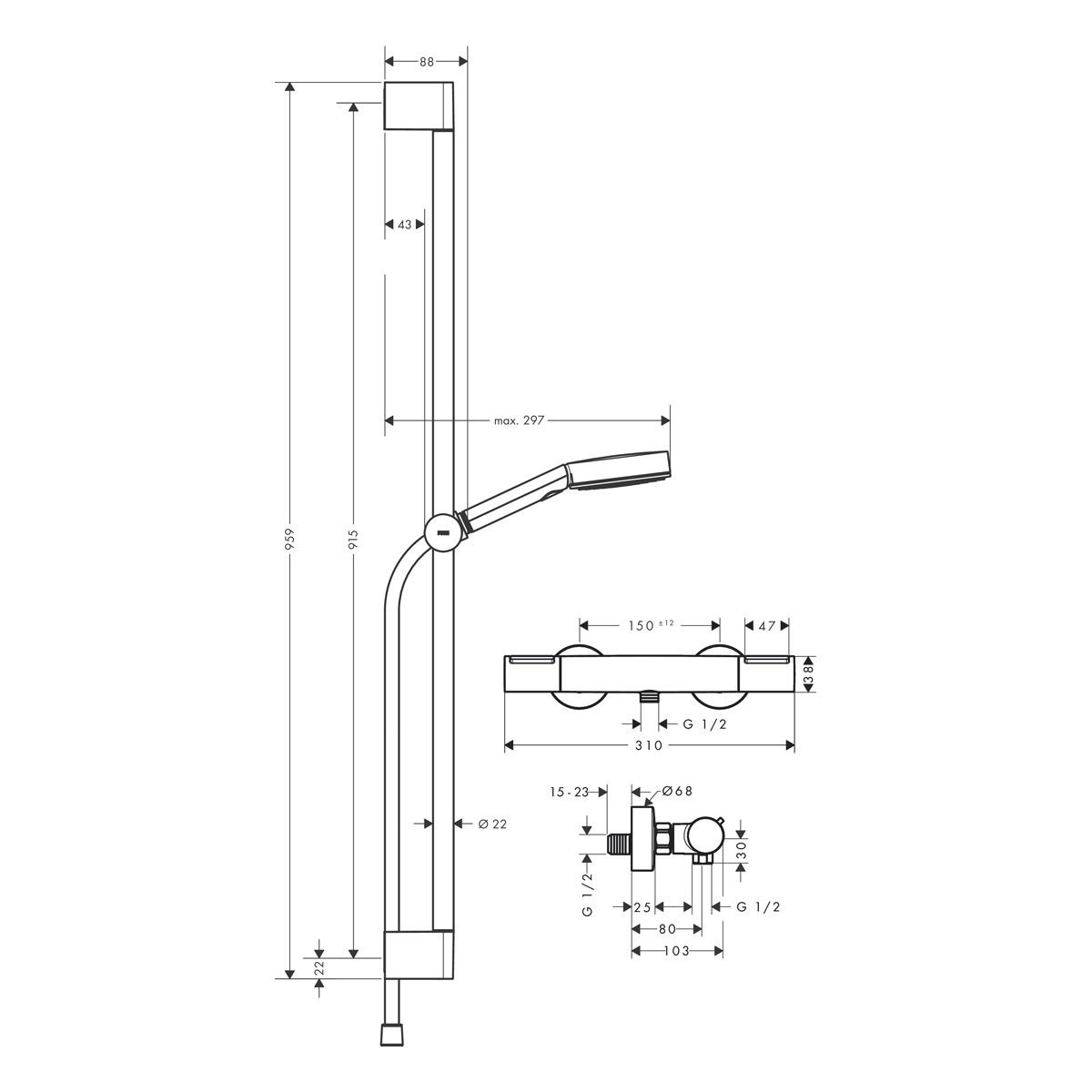 Hansgrohe Pulsify Select S Душевой набор 105 3jet Relaxation EcoSmart с  термостатом Ecostat Element и душевой штангой 90 см черный матовый 24271670