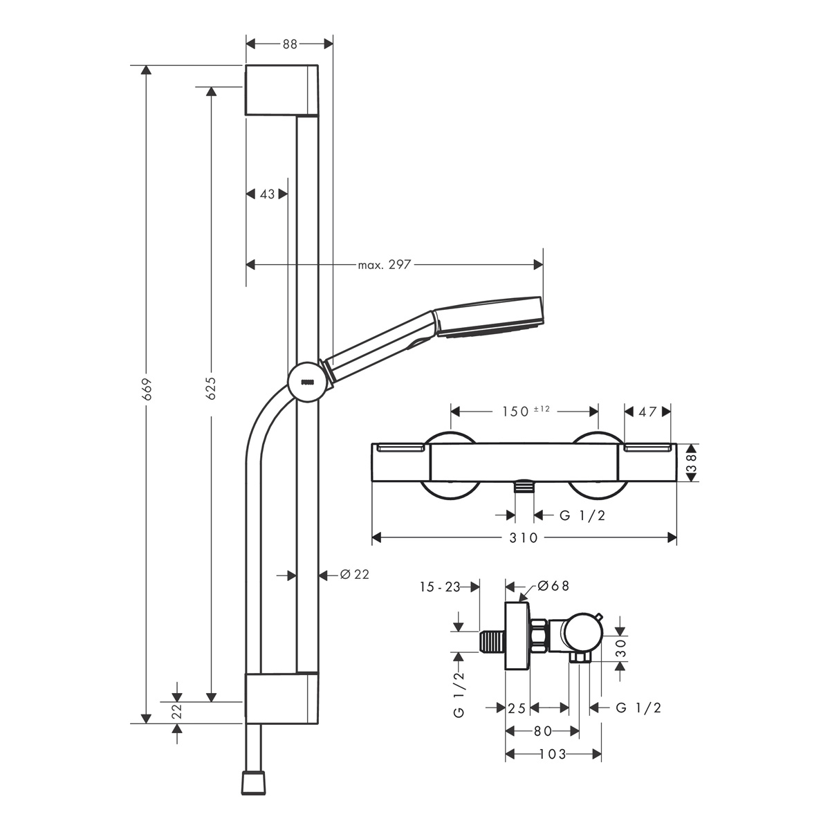 Hansgrohe Pulsify Select S Душевой набор 105 3jet Relaxation EcoSmart с  термостатом Ecostat Element и душевой штангой 65 см хром 24272000