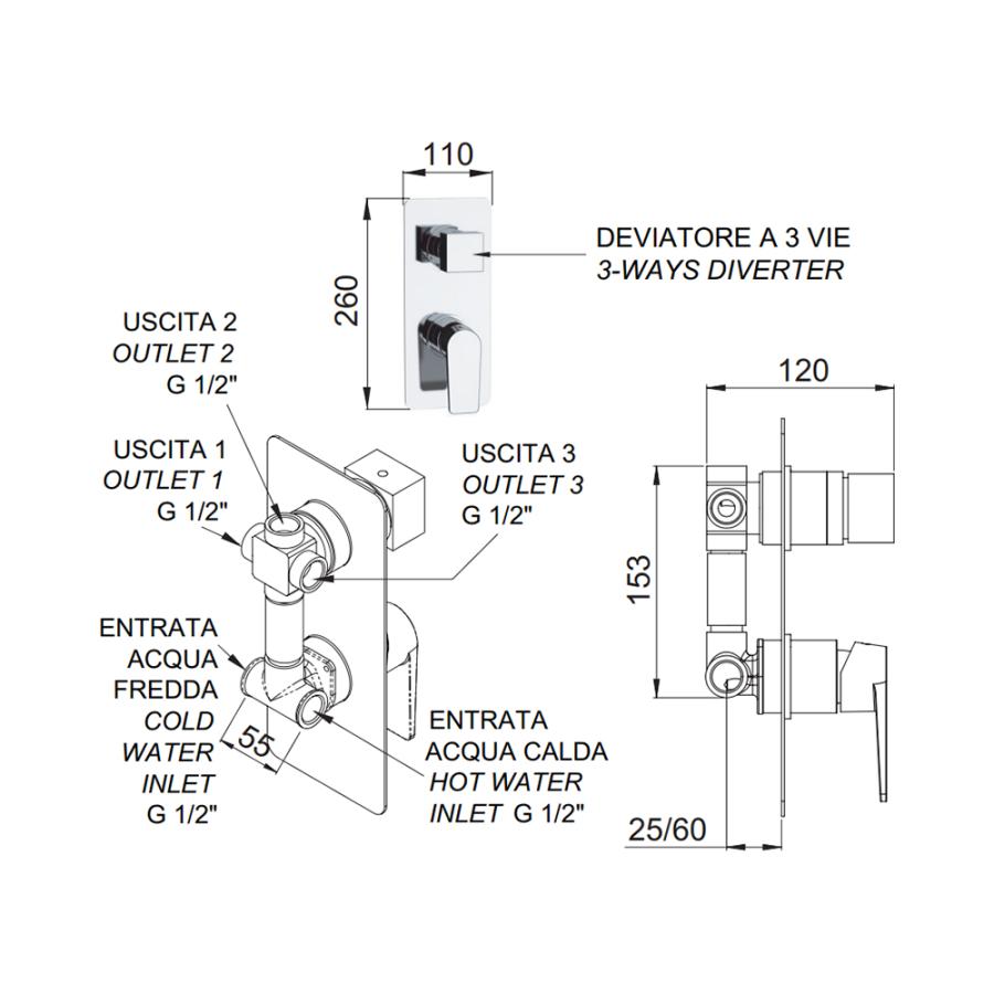 REMER Встраиваемый смеситель для душа/ванны с переключателем на 3 потребителя Хром  D93  - Изображение 2