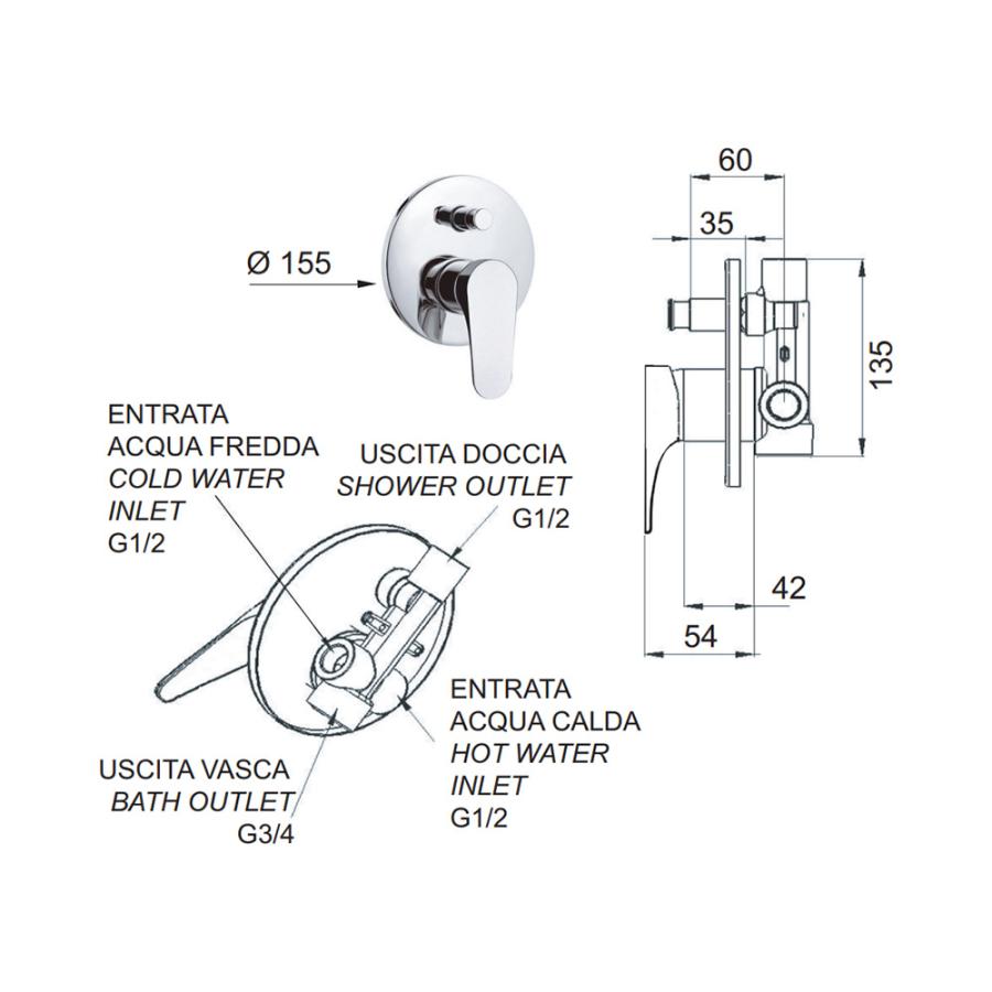 REMER Встраиваемый смеситель для душа/ванны с переключателем на 2 потребителя Хром  L09  - Изображение 2