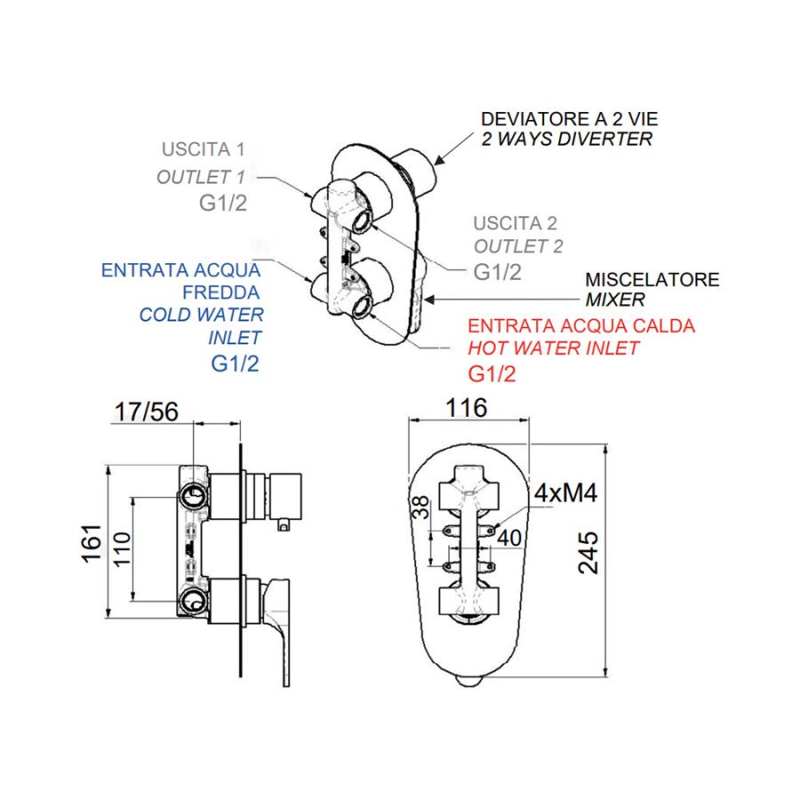 REMER Встраиваемый смеситель для душа/ванны с переключателем на 2 потребителя Хром  L92  - Изображение 2