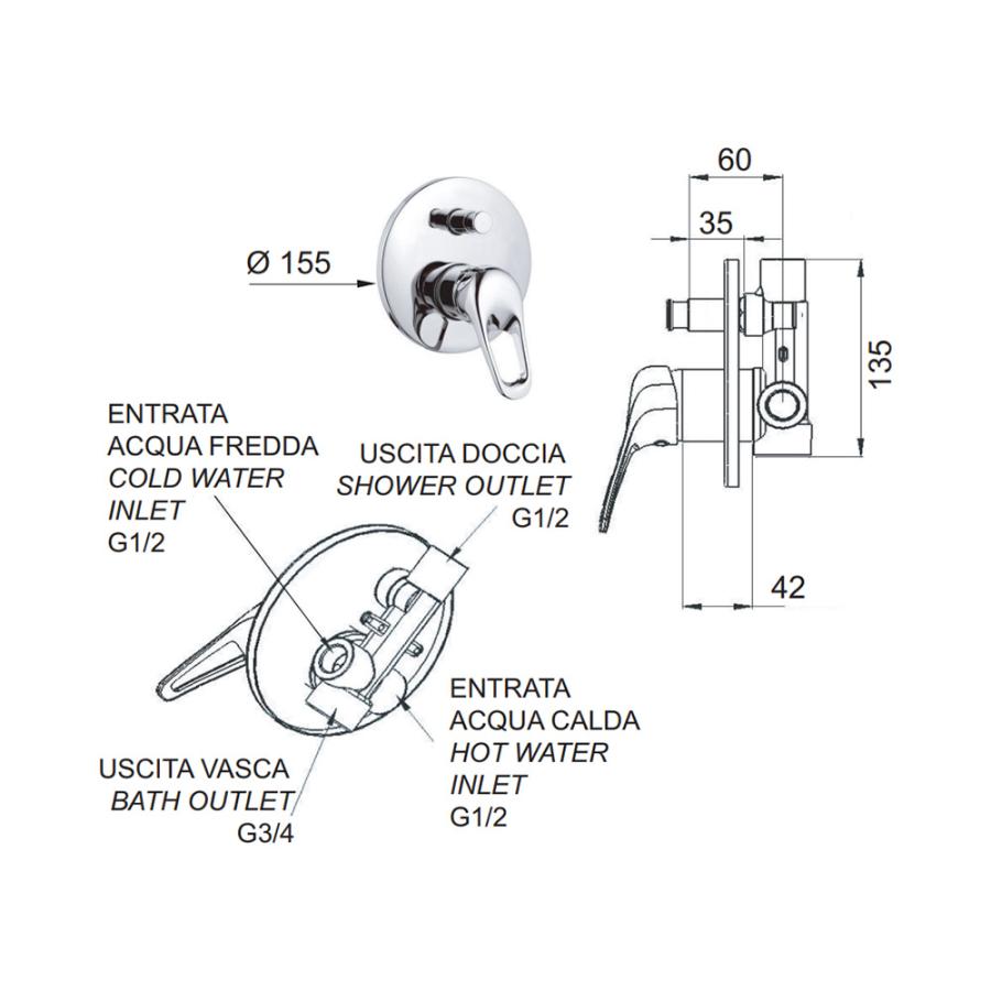 REMER Встраиваемый смеситель для душа/ванны с переключателем на 2 потребителя Хром  K09  - Изображение 2