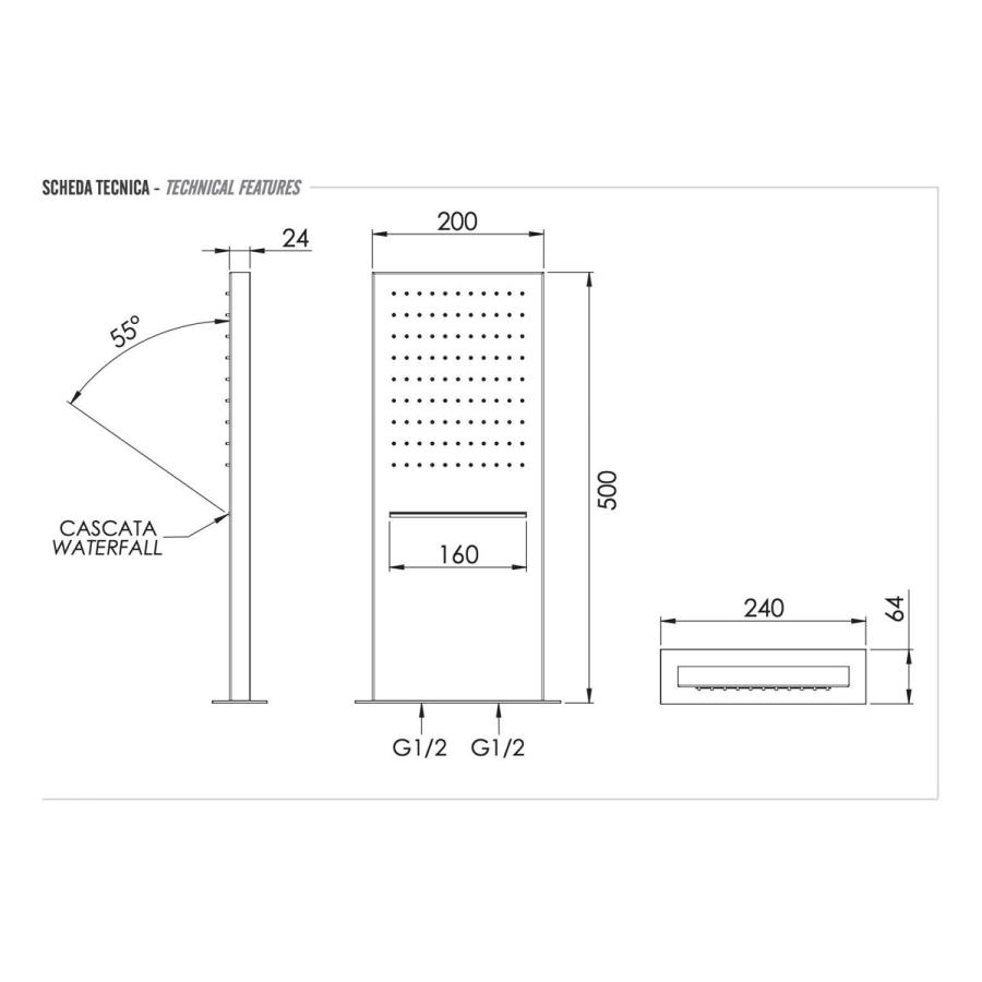 REMER X Style Inox Верхний душ настенный 500x200