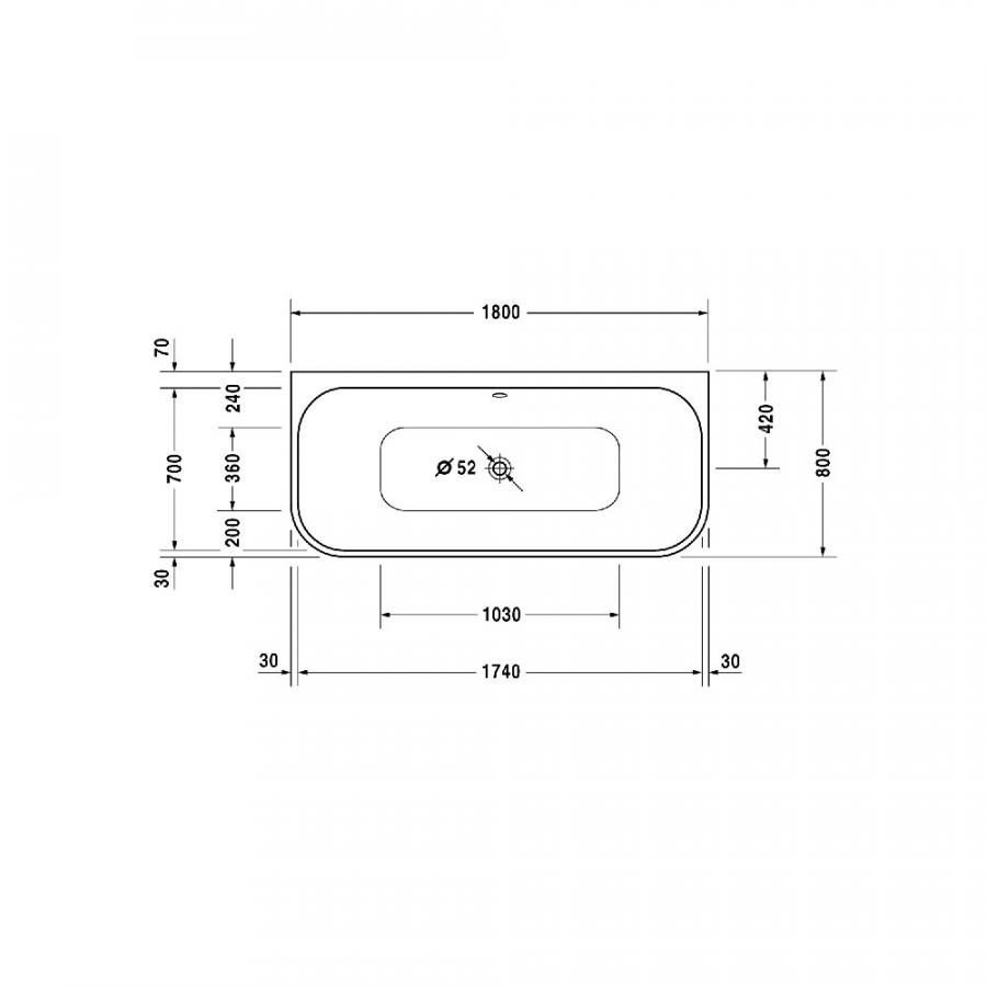 Duravit Happy D.2 Ванна пристенная с двумя наклонами для спины с интегрированной акриловой панелью и ножками 1800 x 800 мм белый