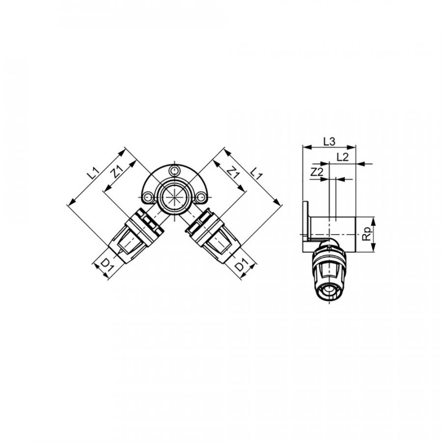 TECE  Тройник угловой с настенным креплением, латунь 16 x Rp 1/2' x 16  8620007  - Изображение 2