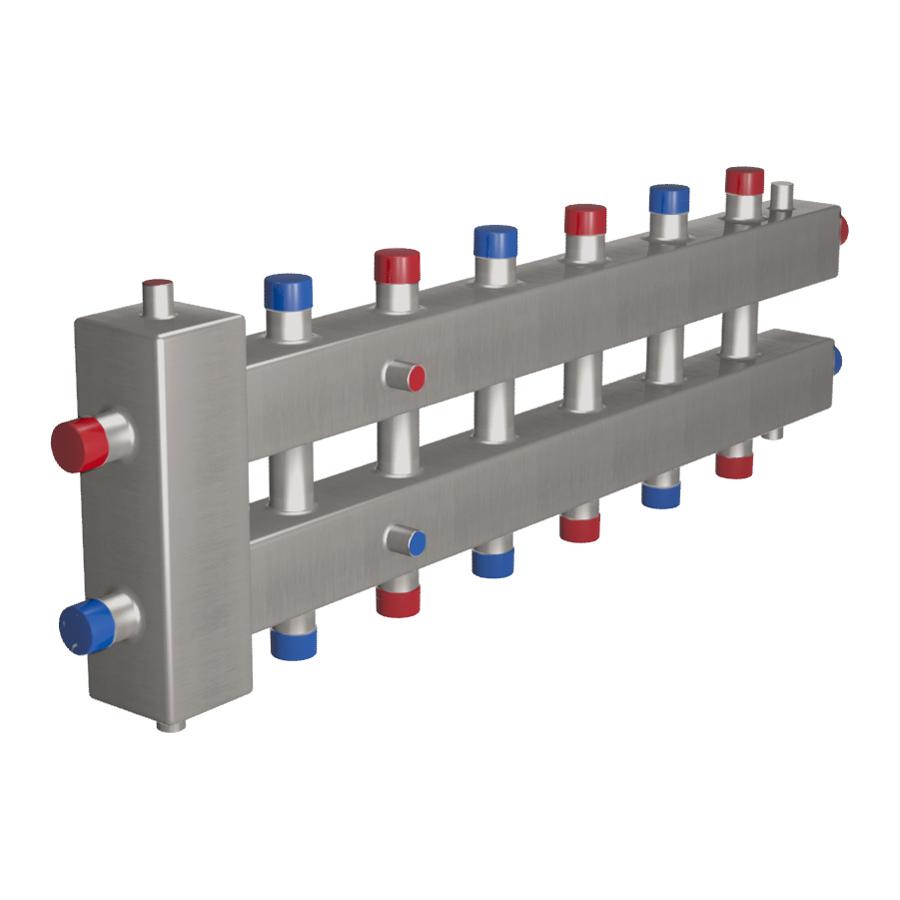Rispa Гидравлический разделительный узел с коллектором модульного типа горизонтальный 60-7ВУ нержавеющая сталь (AISI 304) полированная на 7 контуров GRUKMG607VUAISI