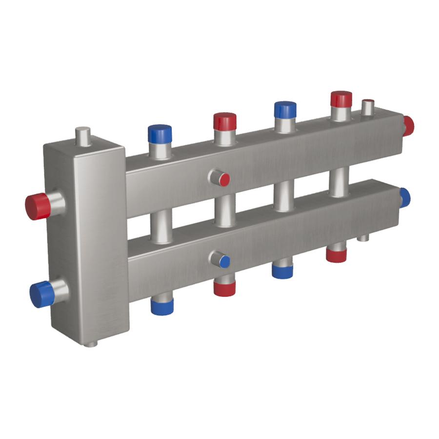 Rispa Гидравлический разделительный узел с коллектором модульного типа горизонтальный 100-5ВУ нержавеющая сталь (AISI 304) полированная на 5 контуров GRUKMG1005VUAISI