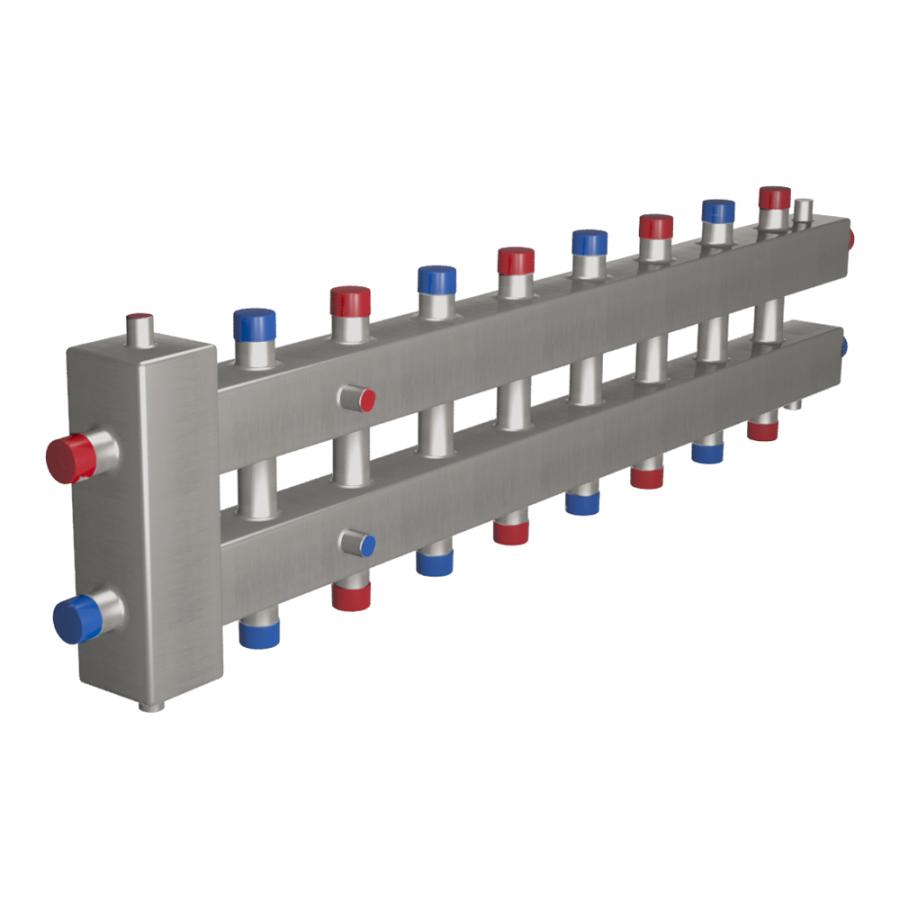 Rispa Гидравлический разделительный узел с коллектором модульного типа горизонтальный 100-9ВУ нержавеющая сталь (AISI 304) матовая на 9 контуров GRUKMG1009VUAISI