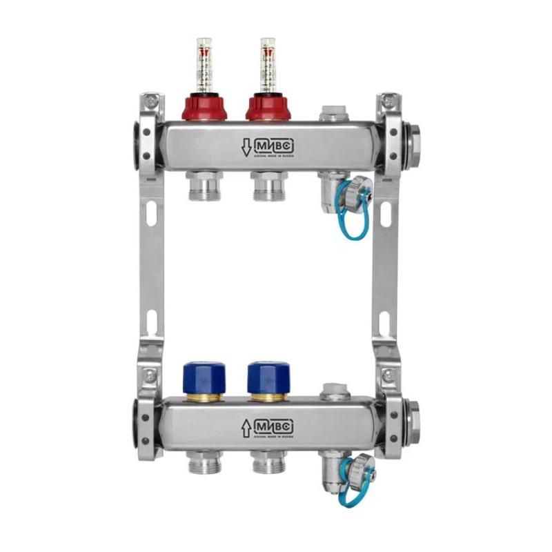 МИВС WF212AS Коллекторная группа из нержавеющей стали с расходомерами и термостатическими клапанами воздухоотводчиками и дренажными кранами на 2 отвода WF212AS02