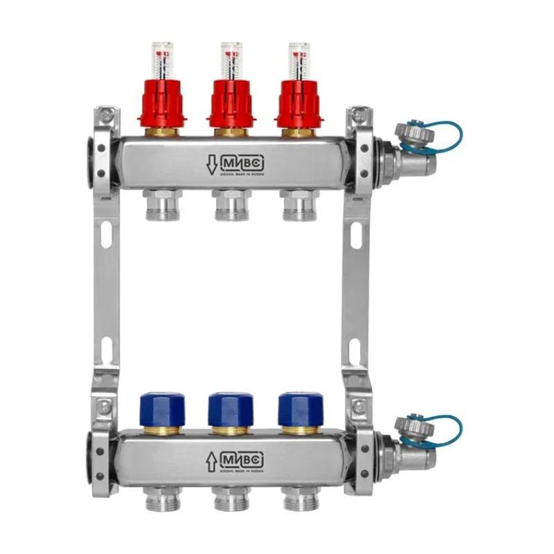 МИВС WF212D Коллекторная группа из нержавеющей стали с расходомерами и термостатическими клапанами и дренажными кранами на 2 отвода WF212D02