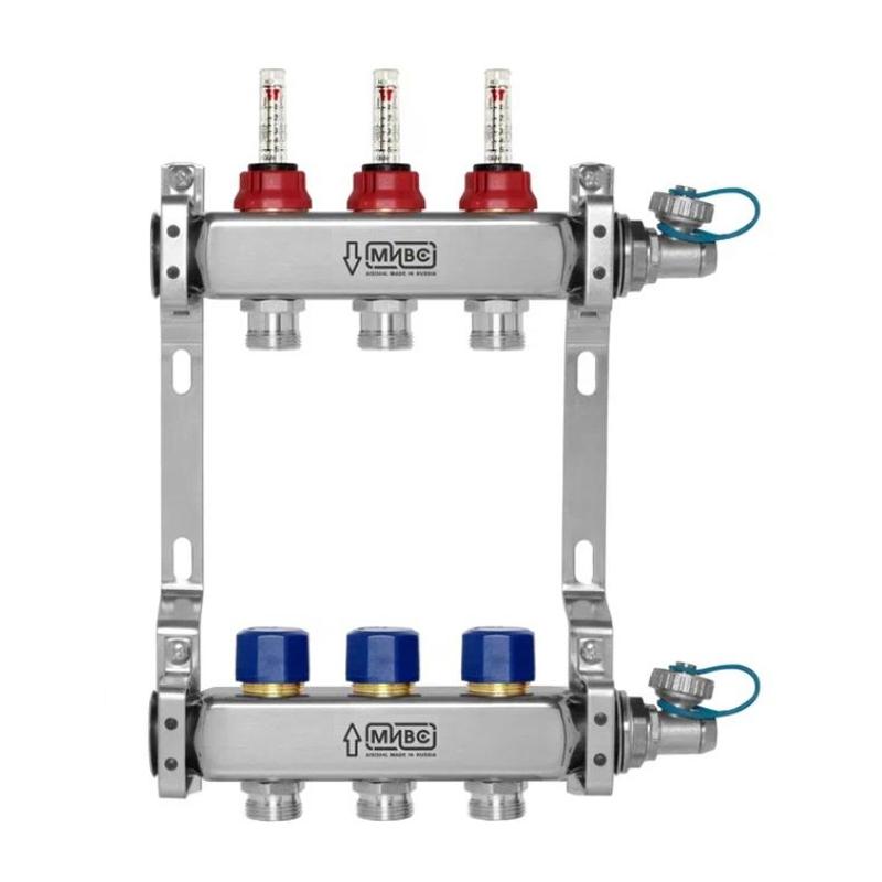 МИВС WF212DS Коллекторная группа из нержавеющей стали с расходомерами и термостатическими клапанами и дренажными кранами на 2 отвода WF212DS02