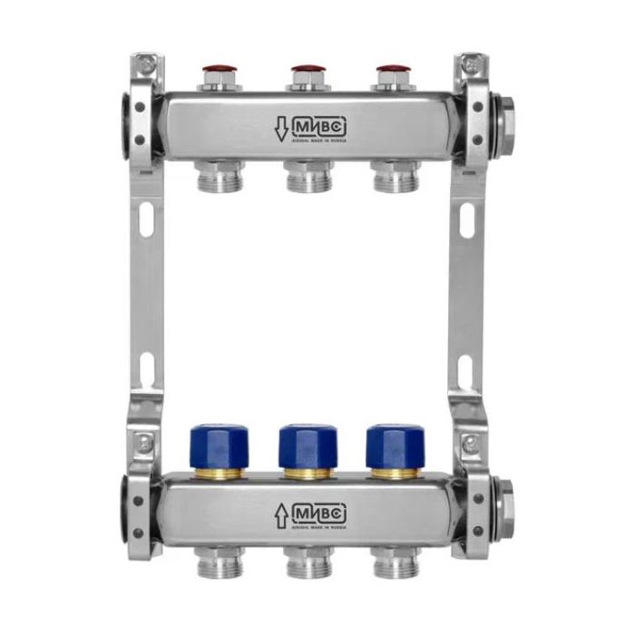 МИВС HH232 Коллекторная группа из нержавеющей стали с запорно-балансировочными клапанами и термостатическими клапанами на 2 отвода HH232X02