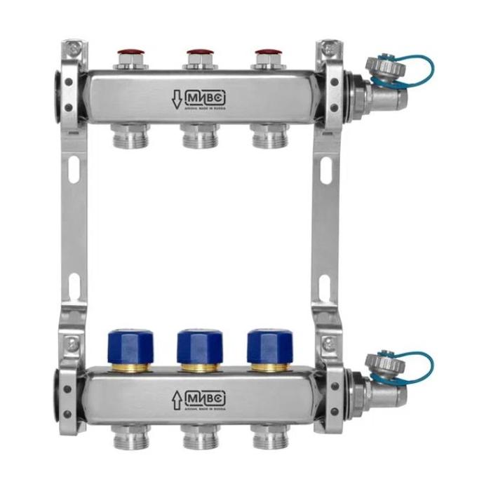 МИВС HH232D Коллекторная группа из нержавеющей стали с запорно-балансировочными клапанами термостатическими клапанами и дренажными кранами на 2 отвода HH232D02