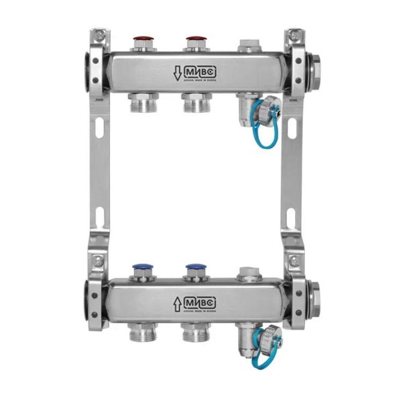 МИВС HH233A Коллекторная группа из нержавеющей стали с запорно-балансировочными клапанами воздухоотводчиками и дренажными кранами на 2 отвода HH233A02