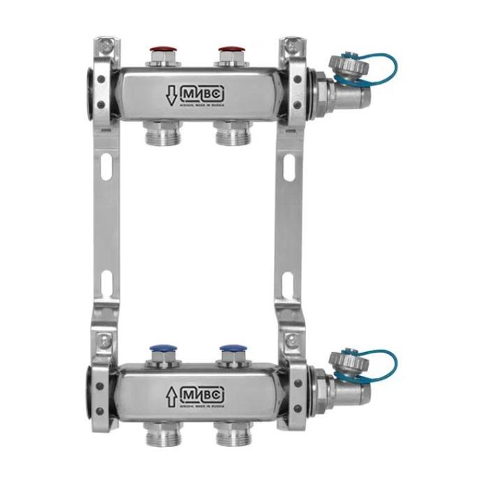 МИВС HH233D Коллекторная группа из нержавеющей стали с запорно-балансировочными клапанами дренажными кранами на 2 отвода HH233D02