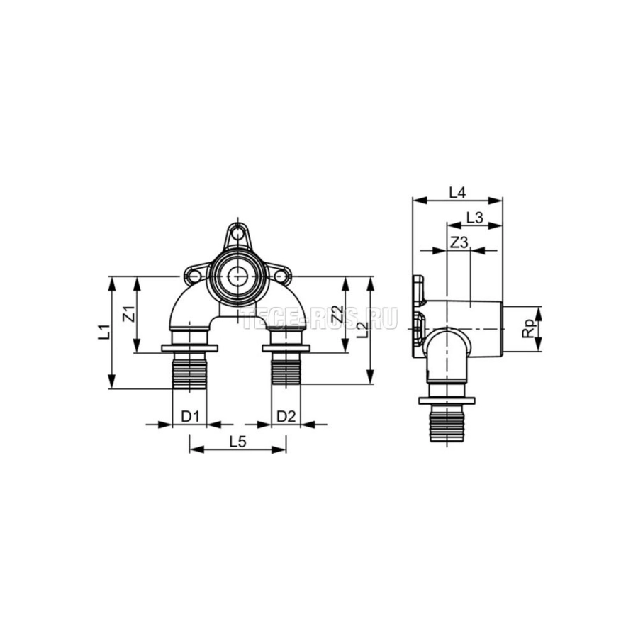 TECE Тройник угловой редукционный с настенным креплением TECEflex ...