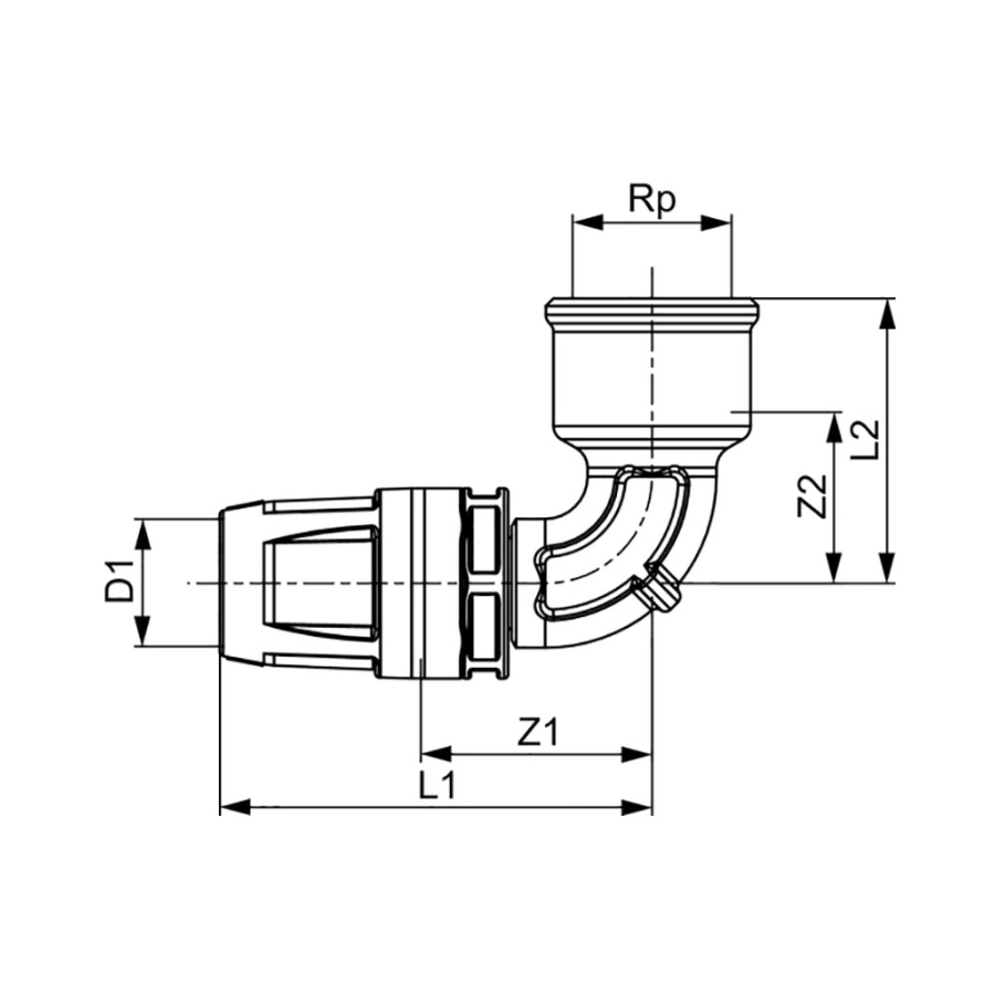 TECE Уголок соединительный с муфтой, латунь