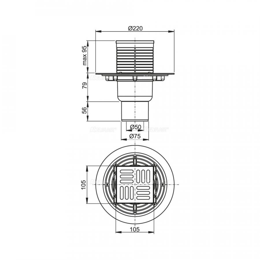 Alcaplast  Сливной трап 105 × 105/50/75, подводка – прямая, решетка – нержавеющая сталь, гидрозатвор – мокрый Дизайн 1  APV201  - Изображение 3