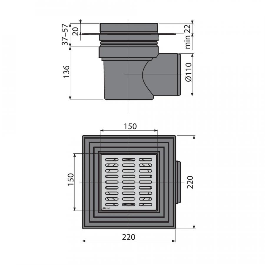 Alcaplast  Сливной трап 150 × 150/110, подводка – боковая, решетка – нержавеющая сталь, воротник – 2-х уровневая изоляция, гидрозатвор – мокрый  APV12  - Изображение 2