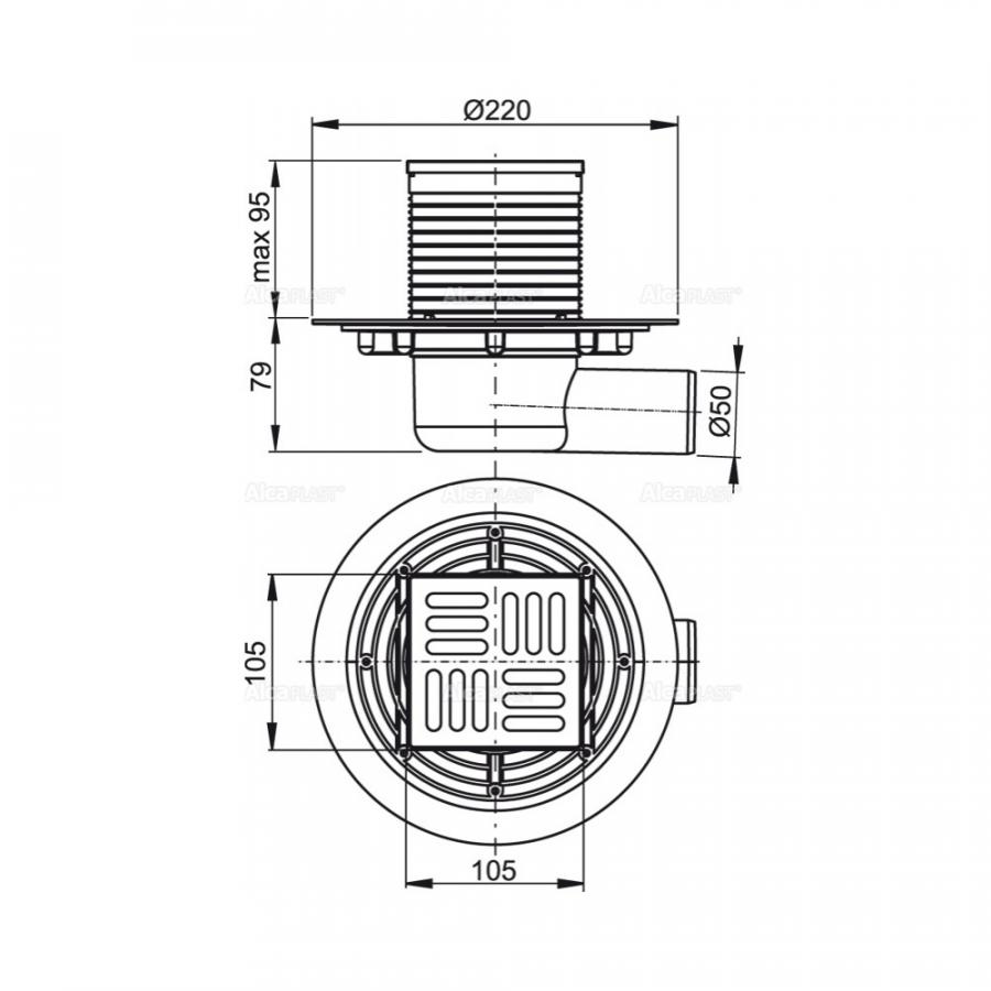 Alcaplast  Сливной трап 105 × 105/50, подводка – боковая, решетка – нержавеющая сталь, гидрозатвор – комбинированный гидрозатвор SMART  APV1321  - Изображение 2