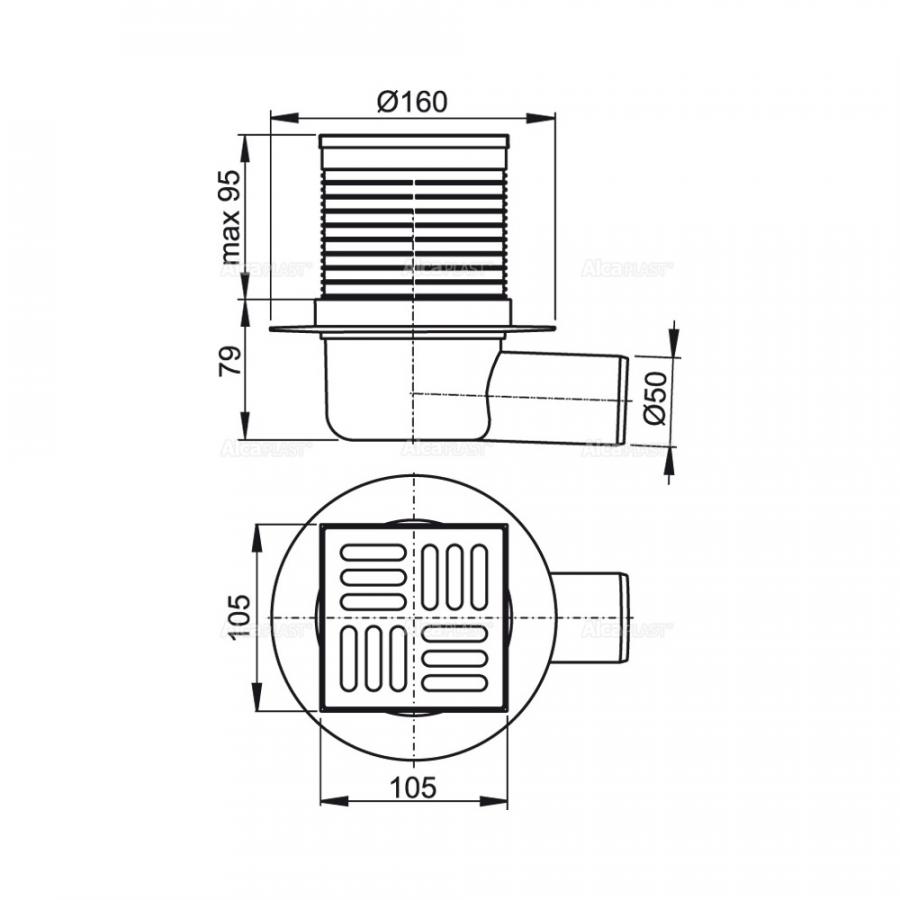 Alcaplast Сливной трап 105 × 105/50, подводка – боковая, решетка – нержавеющая сталь, гидрозатвор – комбинированный гидрозатвор SMART