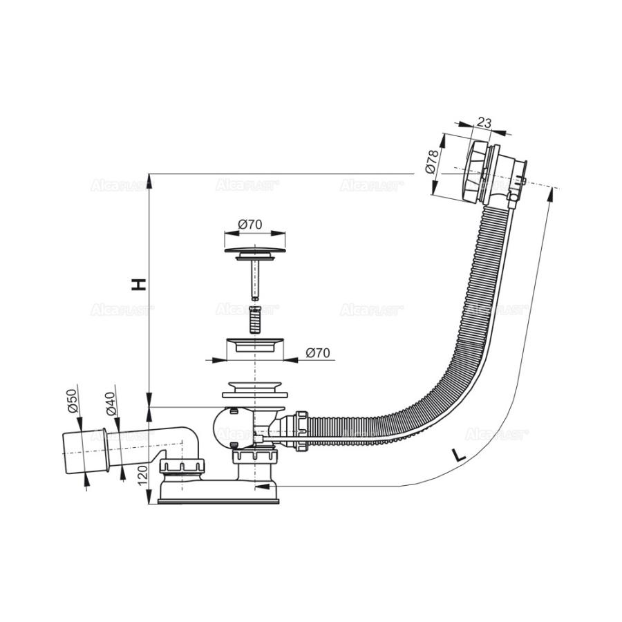 Alcaplast  Сифон для ванны автомат металл/хром длина 120 см  A55KM-120  - Изображение 3