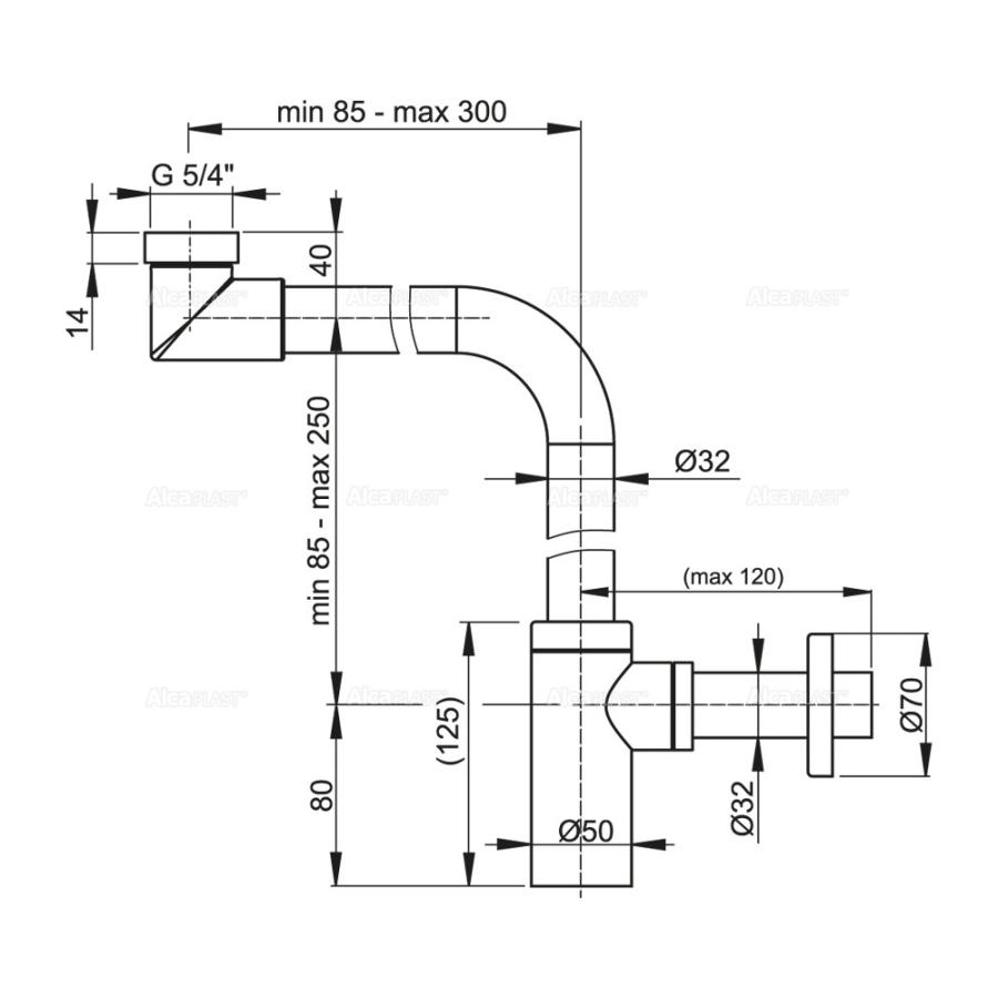 Alcaplast Сифон для умывальника Ø32 DESIGN, цельнометаллический