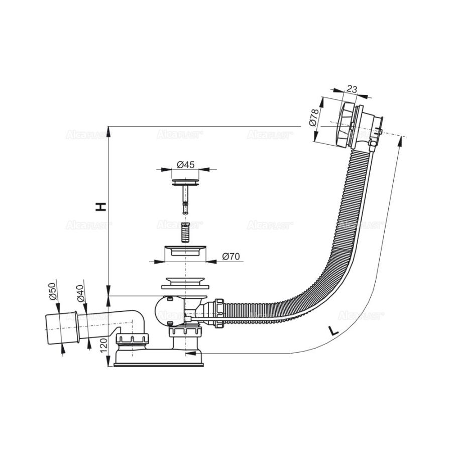 Alcaplast  Сифон для ванны автомат комплект металл/металл длина 100 см,  A55K-100-RU-01  - Изображение 3