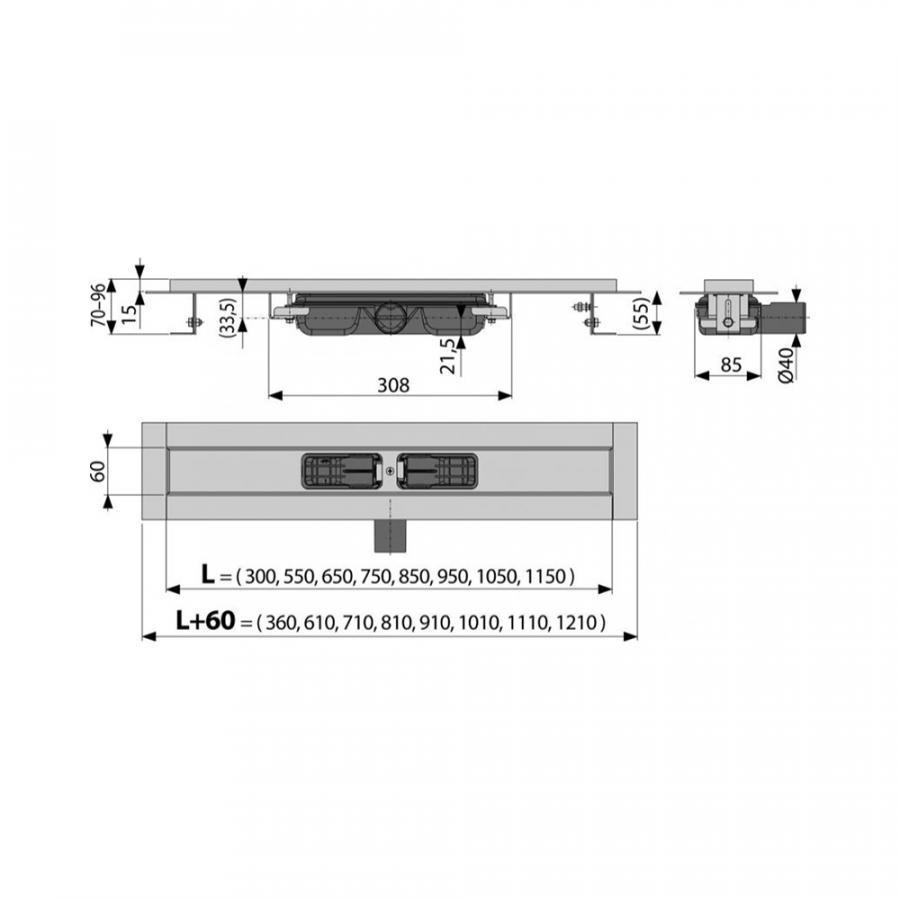 Alcaplast  APZ1 Водоотводящий желоб с порогами для перфорированной решетки низкий, горизонтальный сток, 950 мм  APZ101-950  - Изображение 2