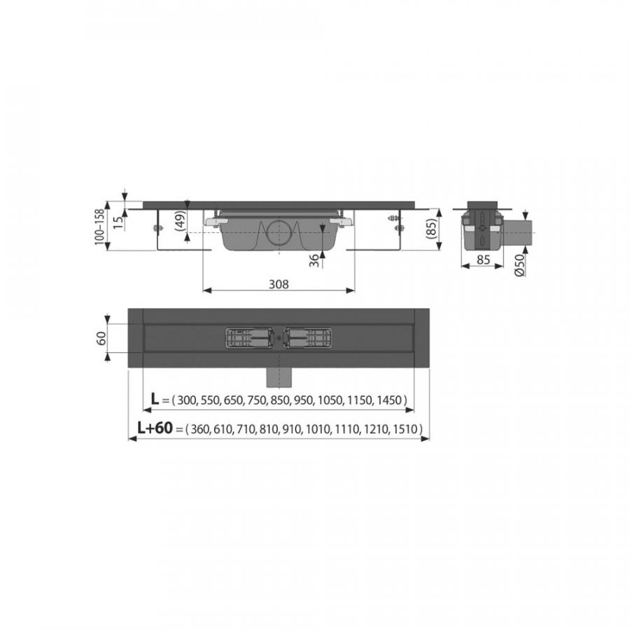Alcaplast  APZ1BLACK Водоотводящий желоб с порогами для перфорированной решетки, черный-мат горизонтальный сток, 1450 мм  APZ1BLACK-1450  - Изображение 2
