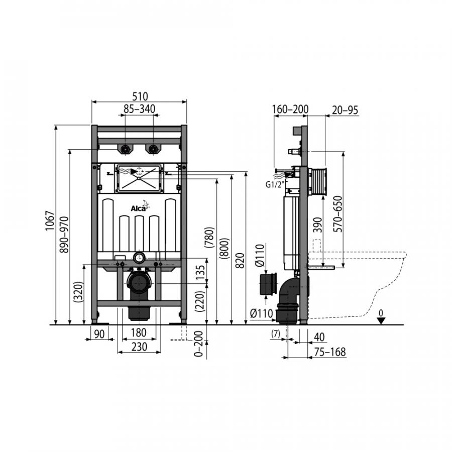 Alcaplast  A108F Монтажная рама с бачком для видуара и смесителя, со стоковым коленом DN90/110 высота монтажа 1,1 м  A108F/1100  - Изображение 2