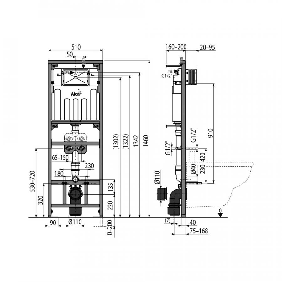 Alcaplast  A108F Монтажная рама с бачком для видуара и смесителя, со стоковым коленом DN90/110 высота монтажа 1,5 м  A108F/1500  - Изображение 2