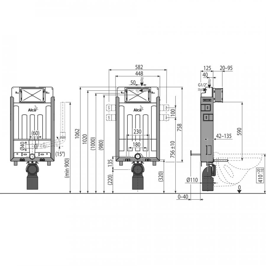 Alcaplast  AM115 Renovмodul - Скрытая система инсталляции для замуровывания в стену с вентиляцией, высота монтажа 1 м  AM115/1000V  - Изображение 2