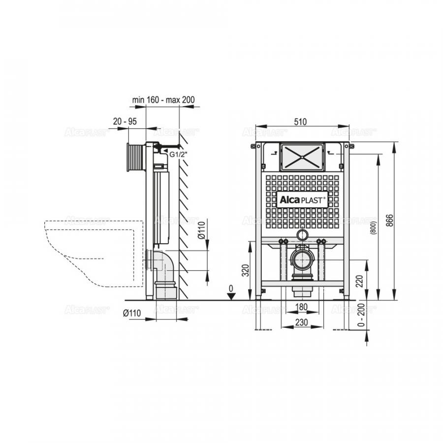 Alcaplast  A101 Sadroмodul - Скрытая система инсталляции для сухой установки  (для гипсокартона) высота монтажа 0,85 м  A101/850  - Изображение 2