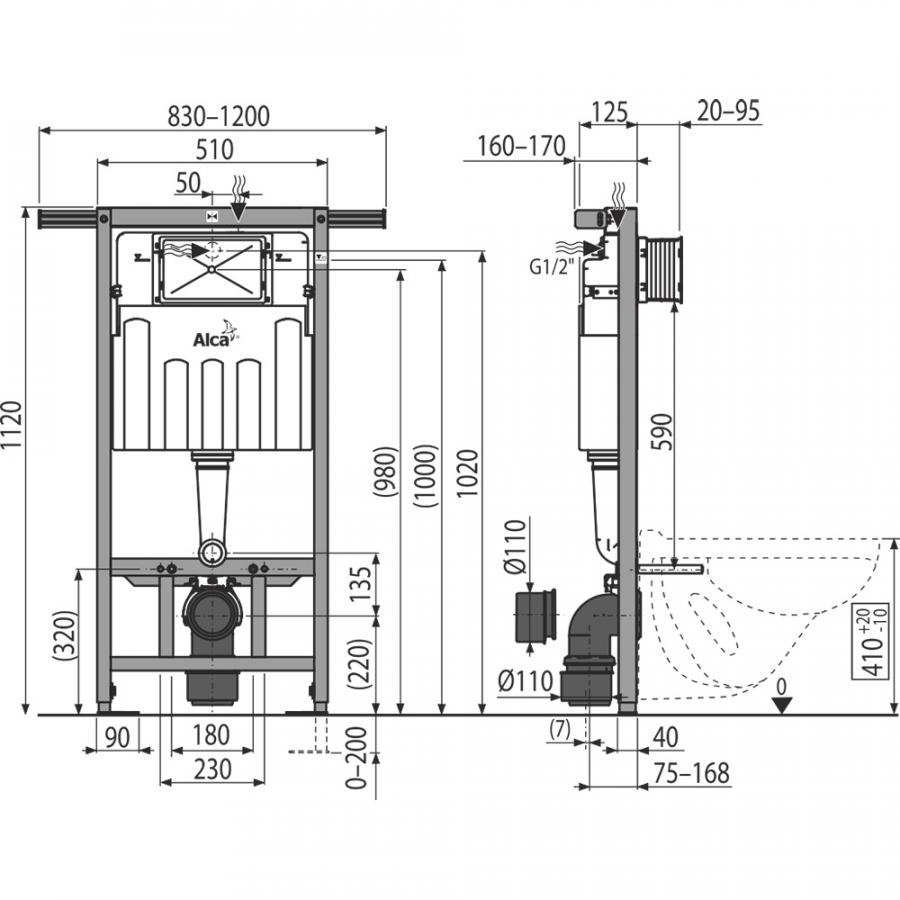 Alcaplast  AM102 Jadroмodul - Скрытая система инсталляции для сухой установки – при реконструкции ванных комнат в панельных домах Ecology, высота монтажа 1,12 м  AM102/1120E  - Изображение 2