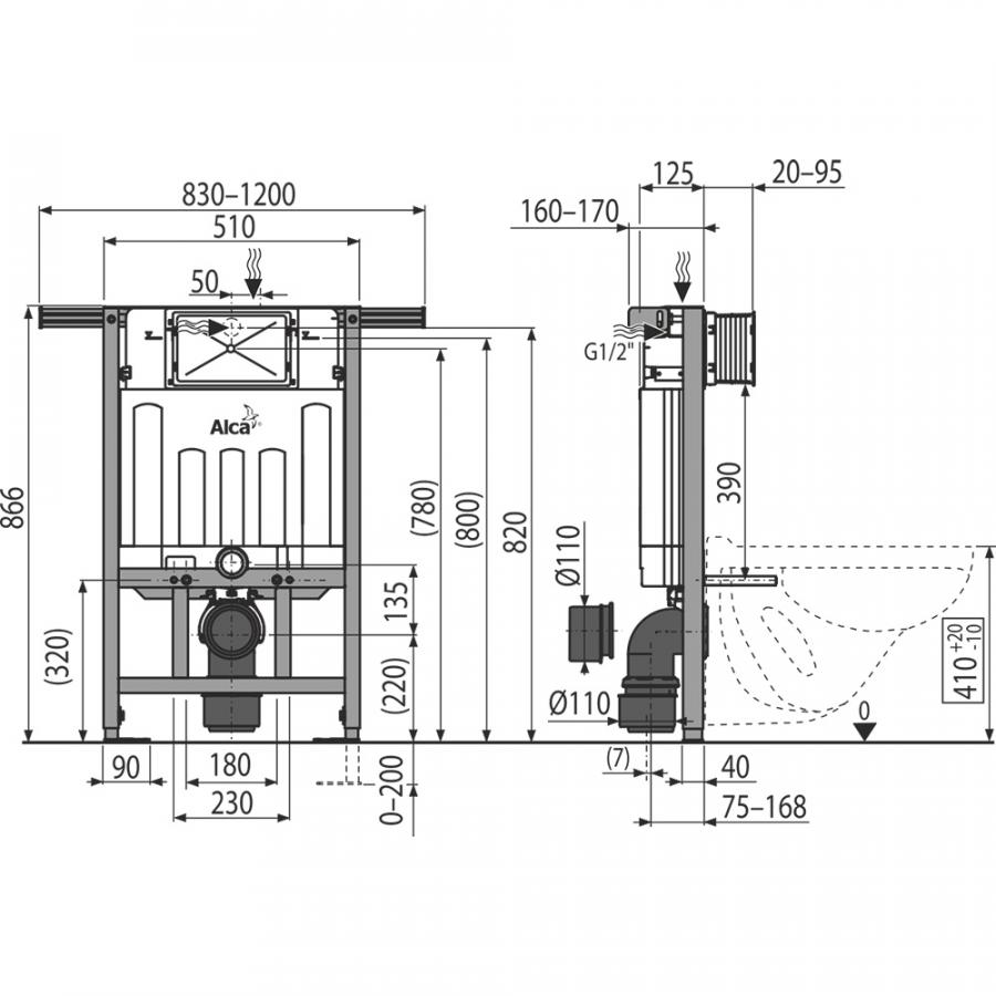 Alcaplast  AM102 Jadroмodul - Скрытая система инсталляции для сухой установки – при реконструкции ванных комнат в панельных домах высота монтажа 0,85 м,  AM102/850  - Изображение 2