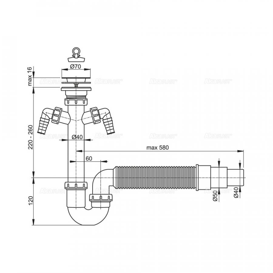 Alcaplast  Сифон трубчатый с нержавеющей peшeткой Ø70 и гофрой с двумя подводками  A840-DN50/40  - Изображение 2