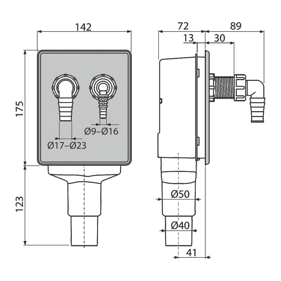 Alcaplast Сифон для стиральной машины под штукатурку для DN40 и DN50  нержавеющая сталь APS6